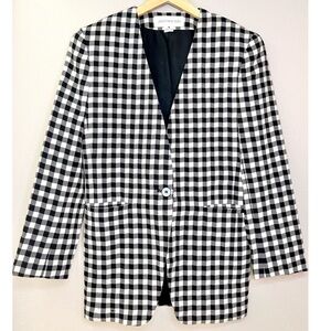 Jones New York Vintage Checkered Long Length One Button Blazer 100% Pure Wool